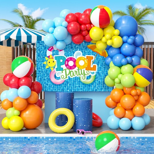 Greentek; 129Pcs Pool Party Decorations Birthday Supplies, Outdoor Pool Summer Theme Balloon Garland Arch Kit Backdrop Beach Ball Tropical Luau Hawaii Holiday Swimming Outdoor Pool Decor Party Supplies; Category:Summer Decor; Image:1